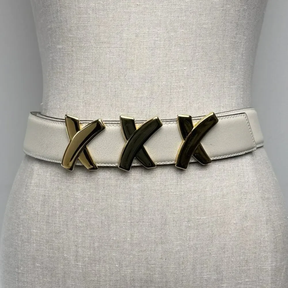 Vintage By Paloma Picasso Leather Belt Gold Triple X Hardware Cream Sz 75